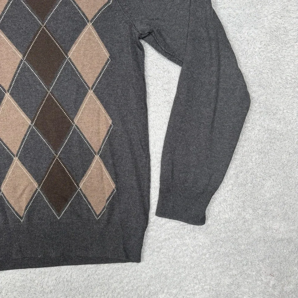 Banana Republic Mens Silk Cashmere‎ Argyle V-Neck Sweater Charcoal Grey Medium